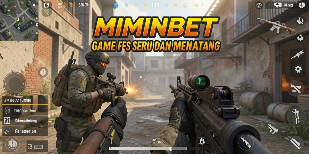 Screenshot utama MIMINBET menunjukkan aksi tembak-menembak yang seru.